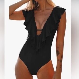 Sporlike Womens Black Ruffle V-Neck One Piece‎ Swimsuit Size M Cutout Tie Back